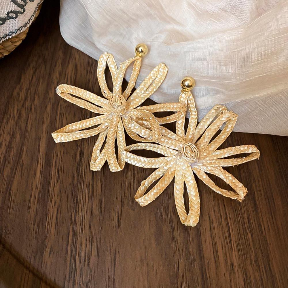 Elegant Straw Woven Earrings Bohemian Style Hollow Floral Earrings  Vacation