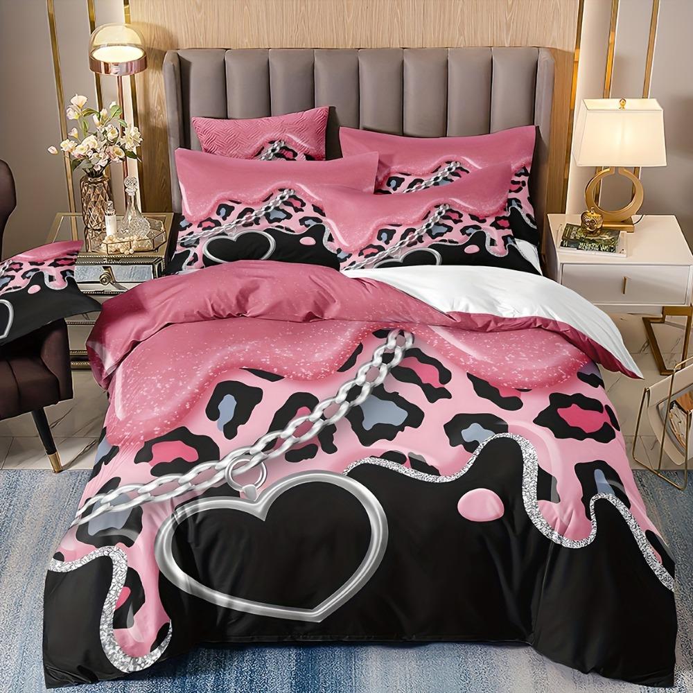 

3pcs Pink Beding Set Chain Love Printed Cozy Soft Duvet Cover Set King Quen Twin Single Sized Dimensions Birthday Gift Girlfriend Bedrom Decor 135*200cm Eu-Single
