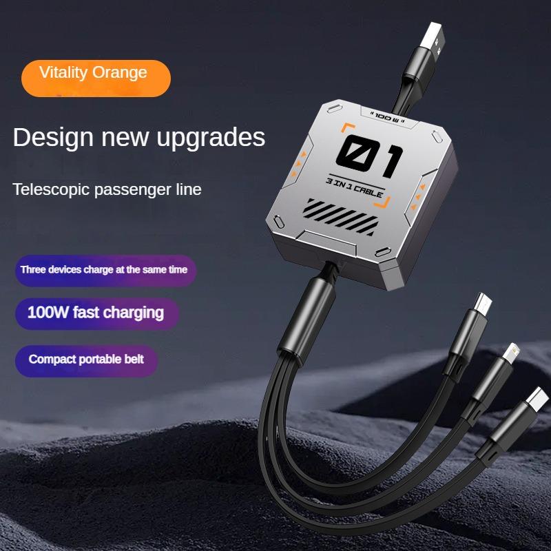 

3 in 1 Multi Retractable USB Phone 100W Fast Charging and Data Cable for Lightning/Android/Type-C Devices