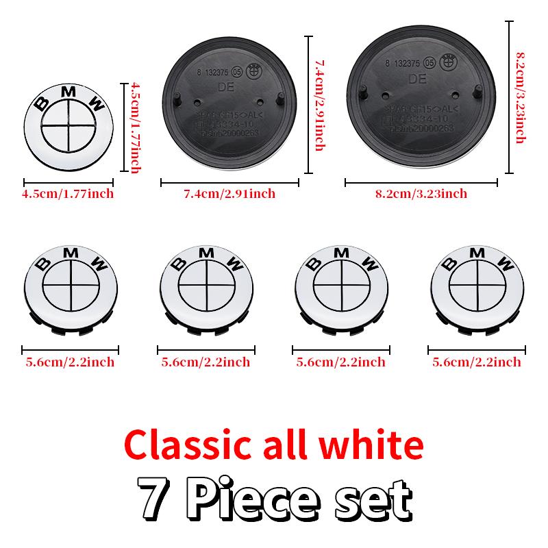 7Pcs Car Front Hood Emblem Wheel Hub Caps All White Logo For BMW M Logo G30 G31 G38 G11 G12 G20 G28 F10 F48 F49 G01 F20 F21 F22
