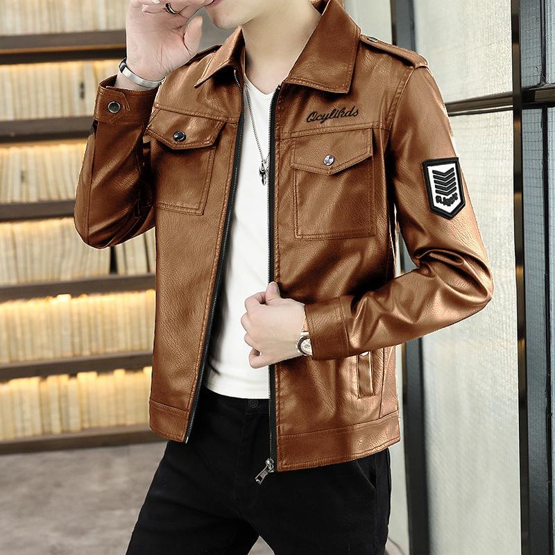 New men's leather jacket, Korean version, slim, trendy, young and handsome, casual winter plus fur collar leather jacket