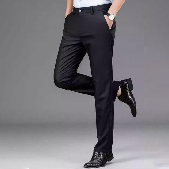 Men Business Pants Straight Leg Anti-wrinkle Solid Color Mid Waist Soft Thickened Plush Formal Style Elastic Pockets Men Office Commute Suit Pants