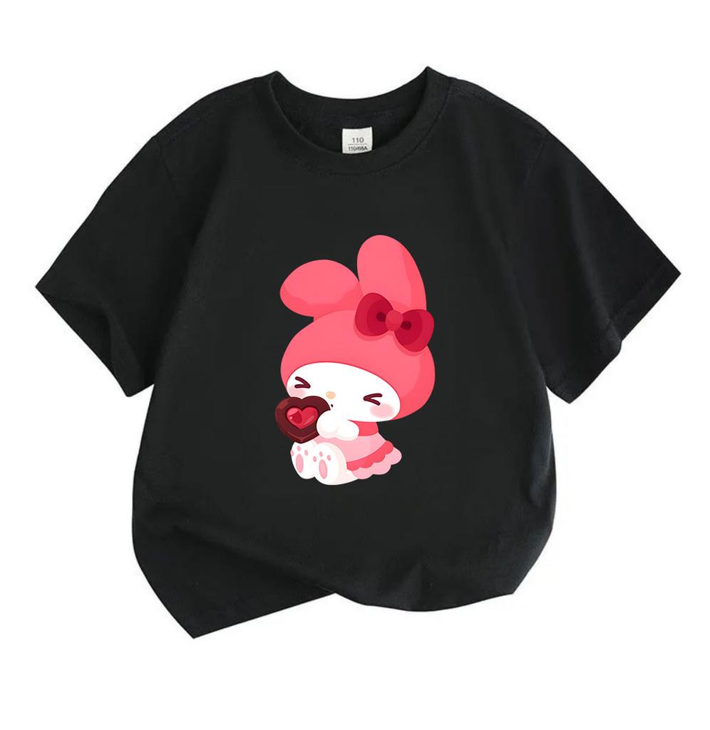 Cute Cartoon Bunny Heart Chocolate Print Kids 100% Cotton T-shirt Boys Girls Casual Crew Neck Short Sleeve Soft Breathable Summer Trendy Daily Wear Cu