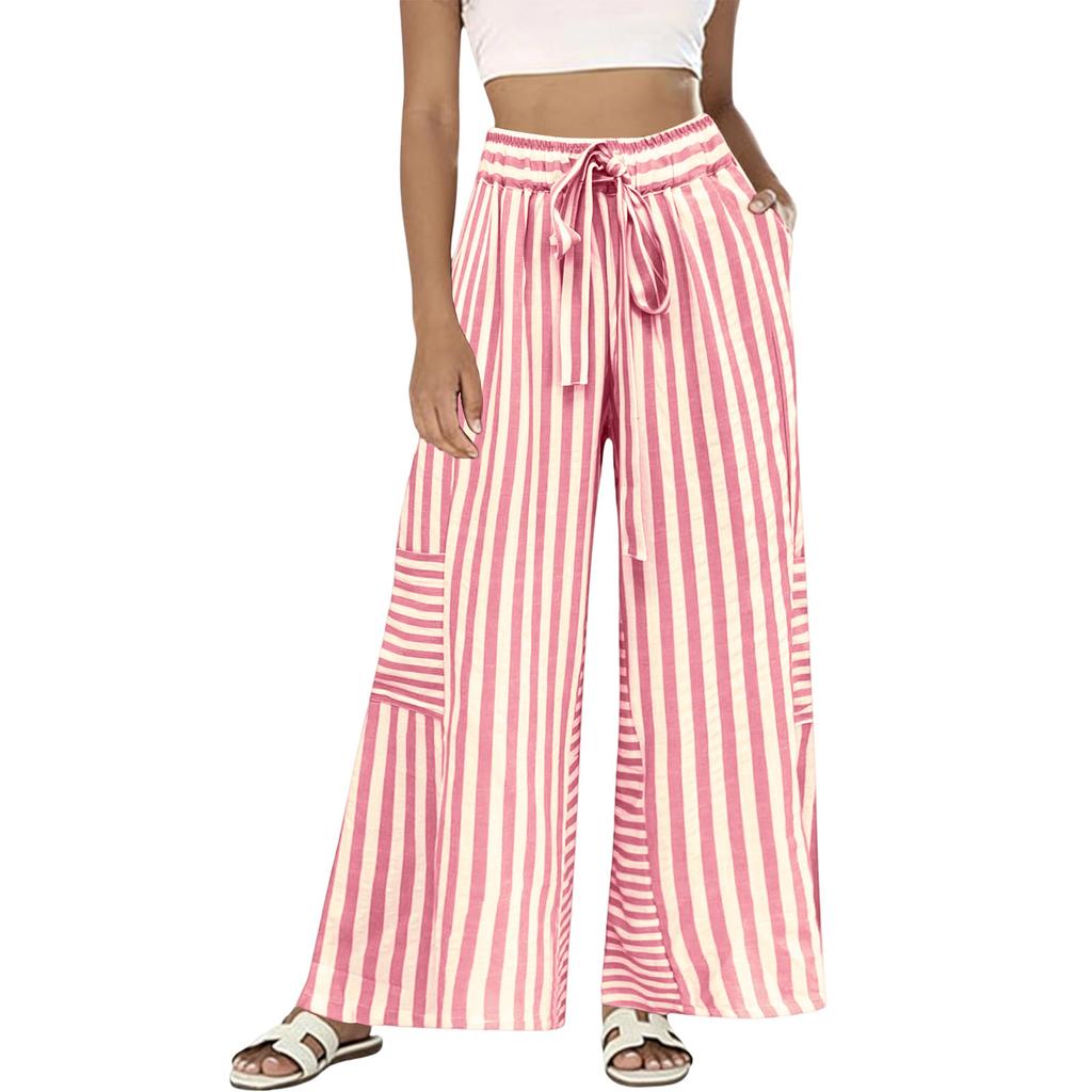 Women Striped High Waist Wide Leg Drawstring Pants Loose Fit Straight Casual Trousers with Pockets for Daily Wear
