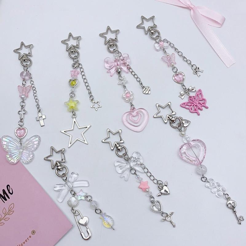 Butterfly Beaded Phone Lanyard Bowknot Pendant Wrist Strap Detachable Phone Chains Keyring Portable Accessory for Women
