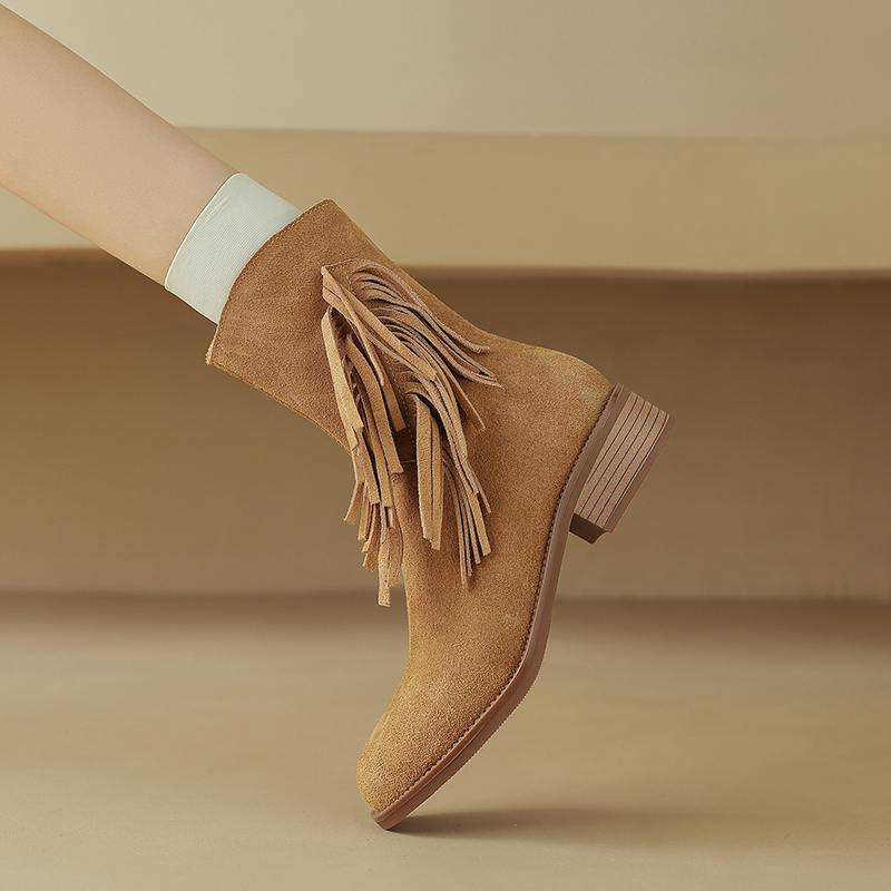 Krazing Pot Cow Suede Nubuck Autumn Winter Shoes Med Heels Size 42 Modern Boots Round Toe Zipper Tassel Ankle Boots