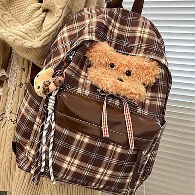 Retro Plaid College-Style Puppy Backpack for Autumn/Winter - Stylish All-Match School Bag for Girls