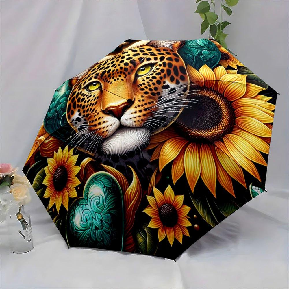 Automatic Open/Close Folding Umbrella with Leopard & Sunflower Design - Portable Compact Travel Umbrella, 8-Rib Sturdy Frame,