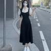 Temperament elegant style fake two-piece bubble sleeve dress female summer fat sister covering meat and showing thinness contrasting color A-shaped l