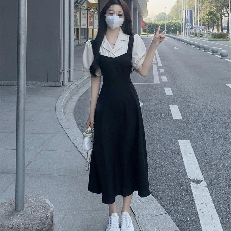 Temperament elegant style fake two-piece bubble sleeve dress female summer fat sister covering meat and showing thinness contrasting color A-shaped l