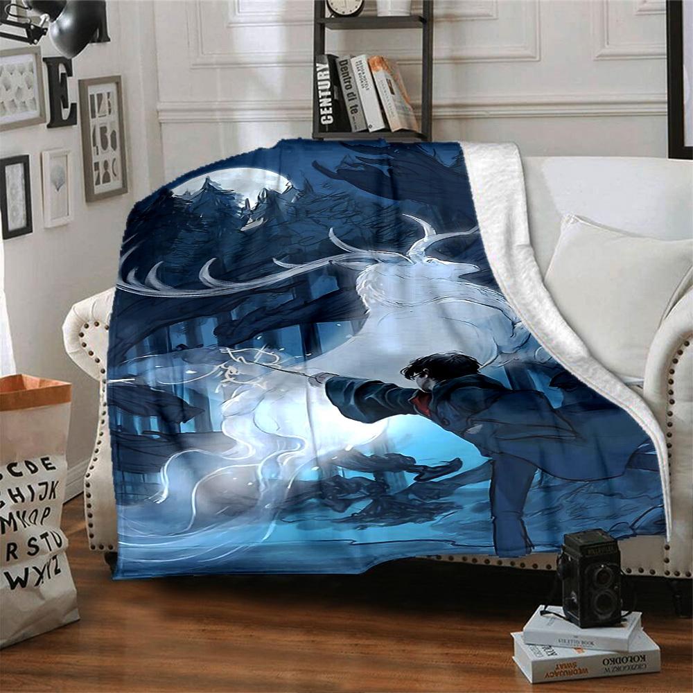 1pc Deer and Harry Potter Flannel Blanket Soft Warm Throw for Home, Office, Travel, All-Season Cozy Bedding GiftL1061
