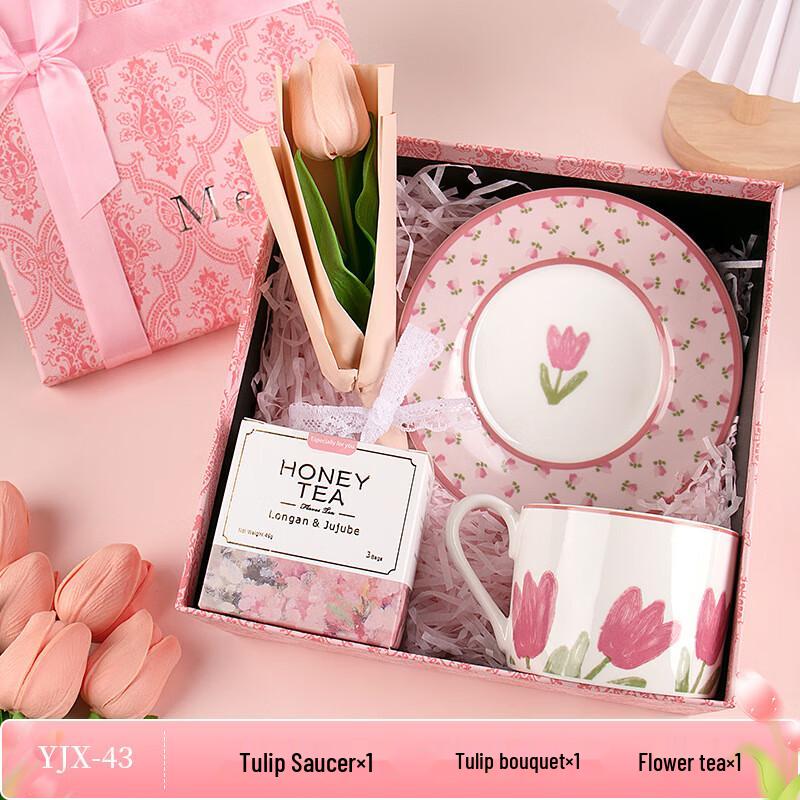 Tulip Ceramic Cup & Saucer Gift Set with Bouquet and Flower Tea