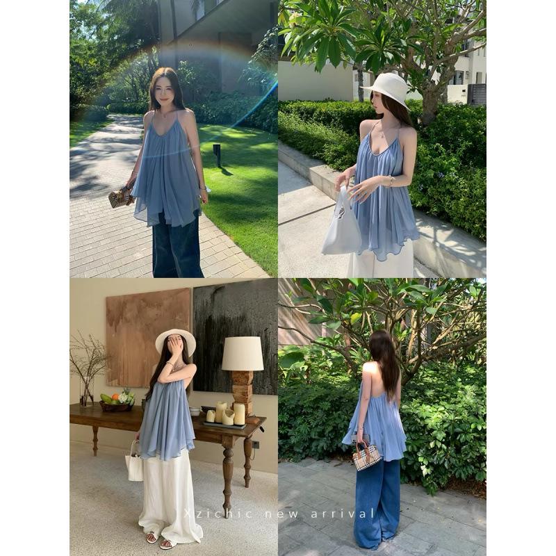 

Ethereal French V-Neck Chiffon Camisole: Summer Style Sleeveless Top for Women One size фиолетовый