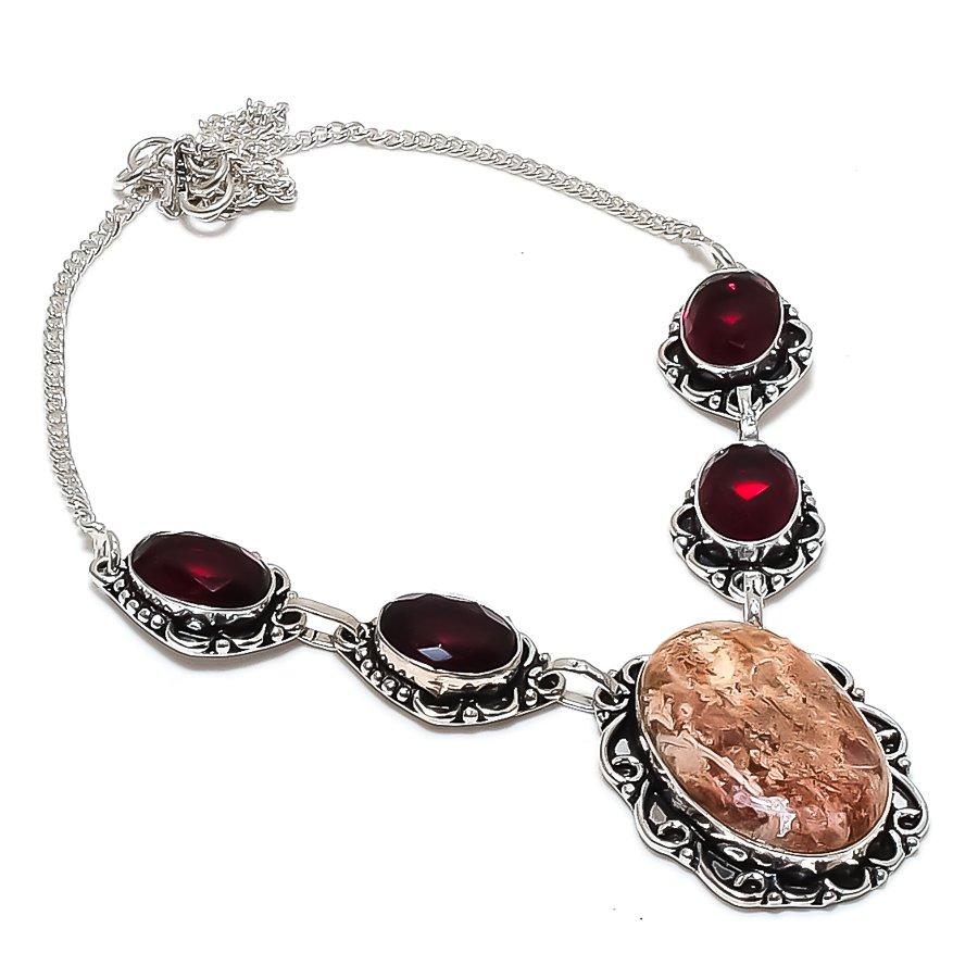 Natural Fossil Coral, Garnet 925 Sterling Silver Jewelry Necklace 18" b9W99