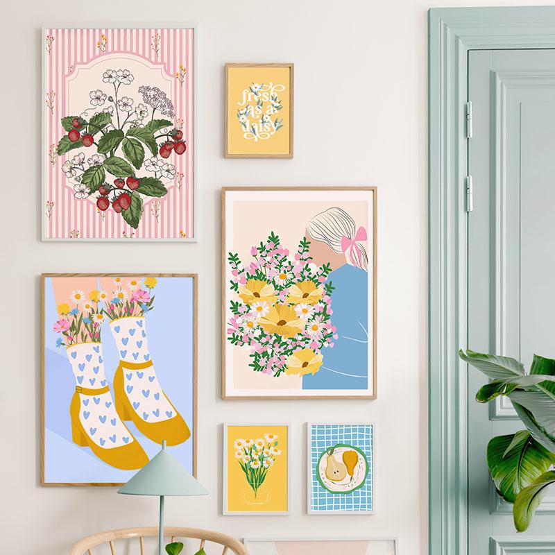 Retro Flowers Fruit Vase Gallery Colorful Funky Poster And Prints Simple Wall Art Canvas Painting Pictures For Living Room Decor