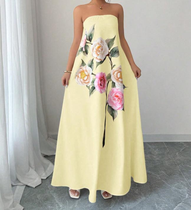New spot, European and American cross-border fashion casual large skirt printed flower long sleeveless dress