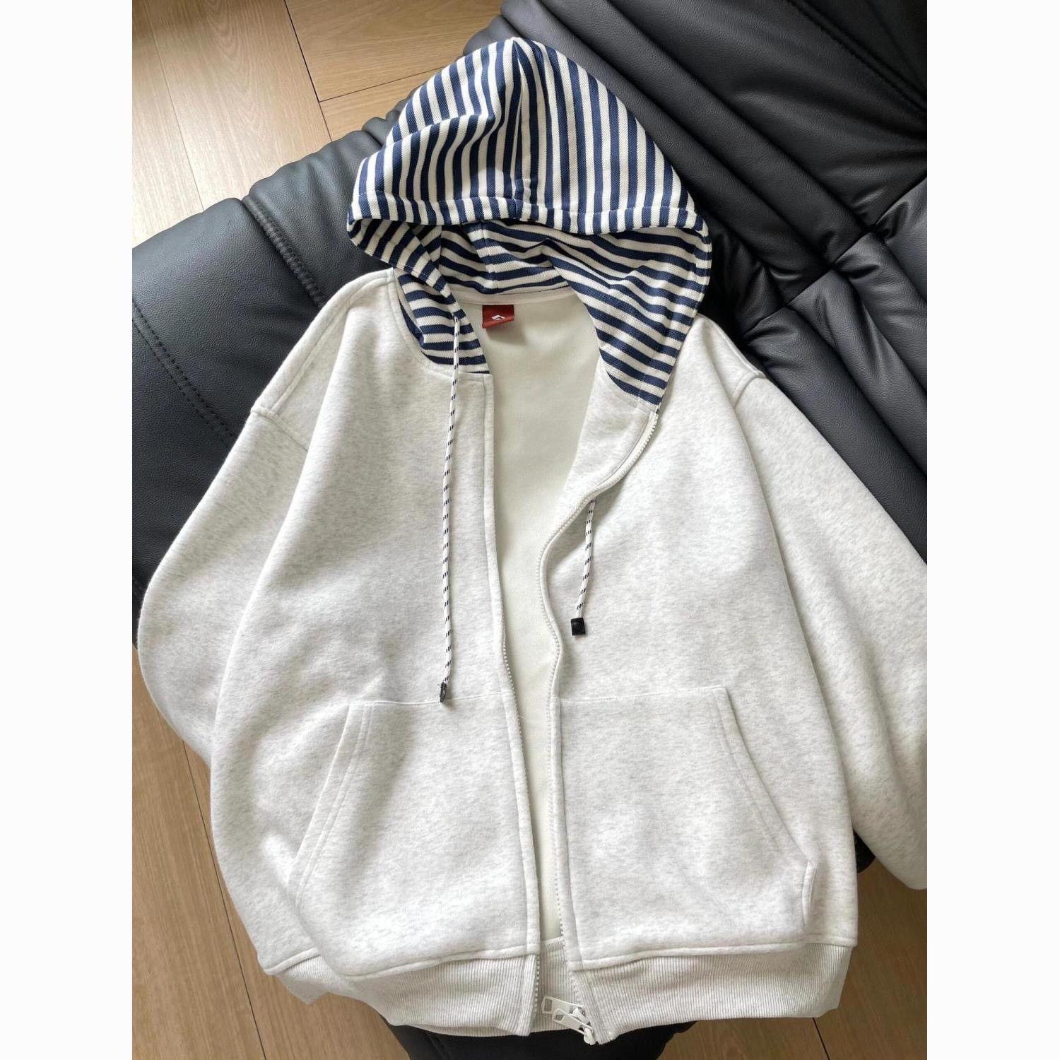 Korean Style Striped Patchwork Hooded Jacket - Women s Casual Loose Hoodie for Spring/Autumn S