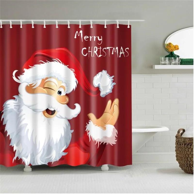 Merry Christmas Shower Curtain Christmas Home Decor Snowman Santa Claus Bathroom Curtain Polyester Fabric Bath Screen with Hooks