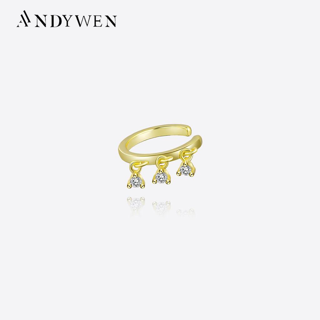 ANDYWEN 100% 925 Sterling Silver Gold Single Sparkly Cuff Piercing Clips Women Luxury Crystal Charm CZ Fine Jewelry Gift