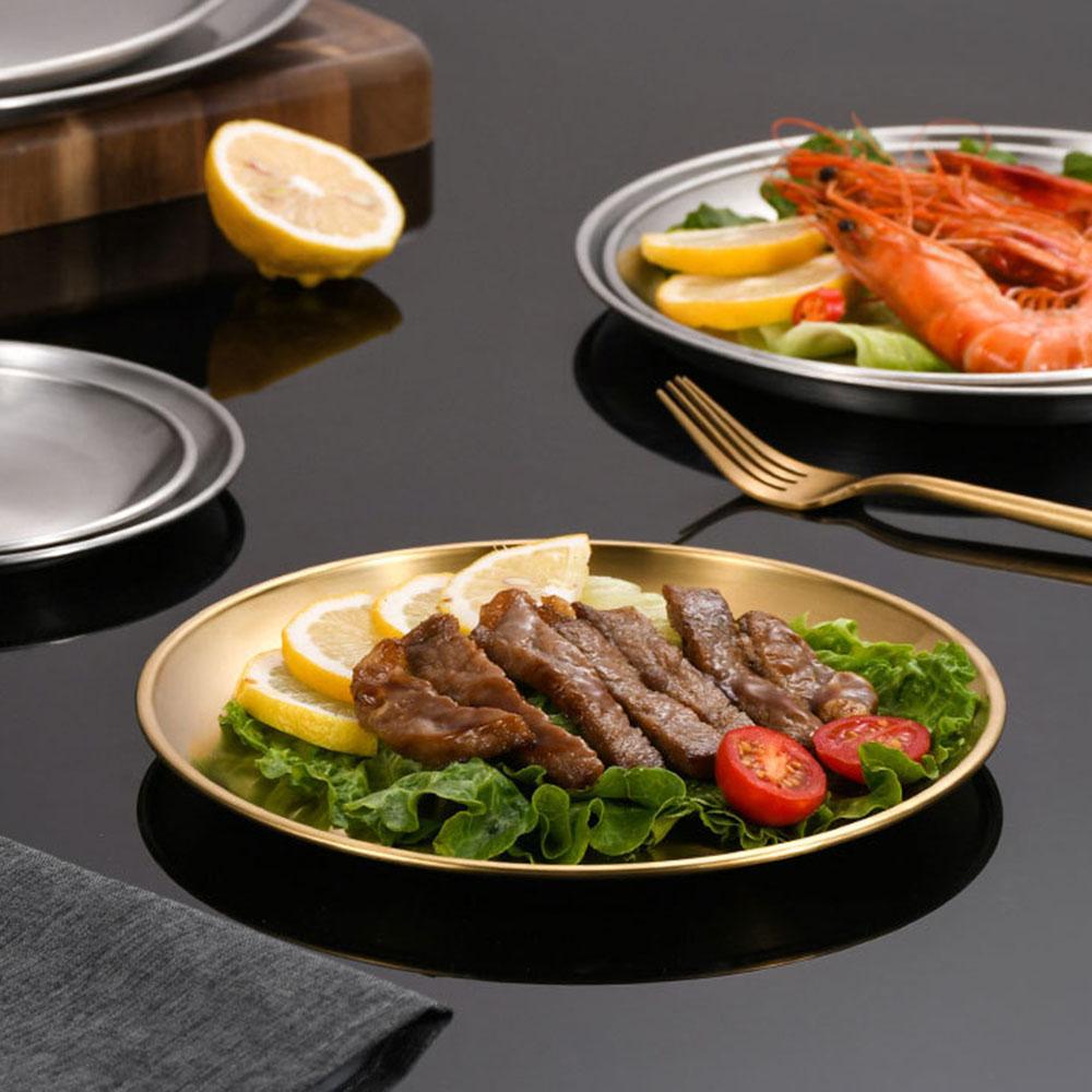5 Stück/Set Goldene Edelstahl Runde Platte Rostfrei Flache Tablettplatte Campingplatte BBQ Picknick Geschirr Kochgeschirr
