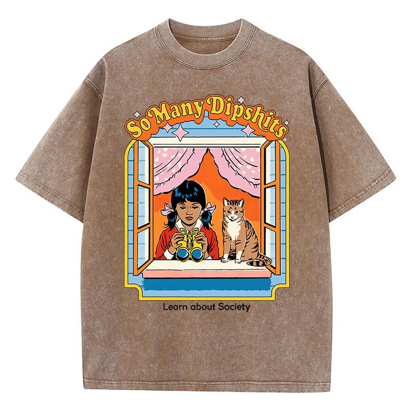 Carrying A Catlearn About Society Washed Retro Men T Shirts Breathable Tee Clothes Cotton Summer Loose Oversized T Shirt