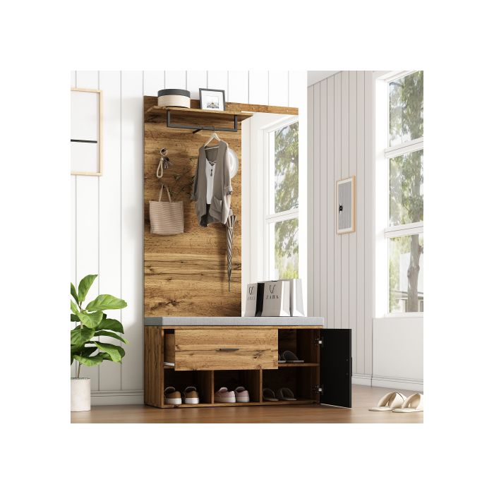 Ensemble vestiaire en imitation bois de 190 cm de haut (avec miroir), banc à chaussures (104 x 39 cm) (avec coussin)