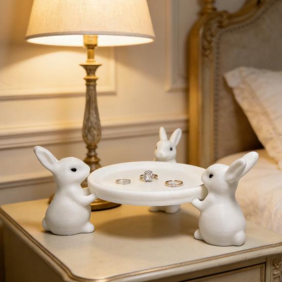 Kaninchen Aufbewahrungsschale 3D Gedruckte Statue mit Weißem Kaninchen Schale Schlüssel Ohrringe Schmuck Ausstellungsständer