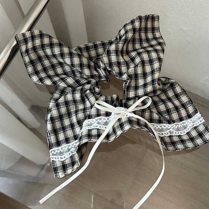 Elegant French Plaid Lace Bow Hair Scarf with Elastic Band