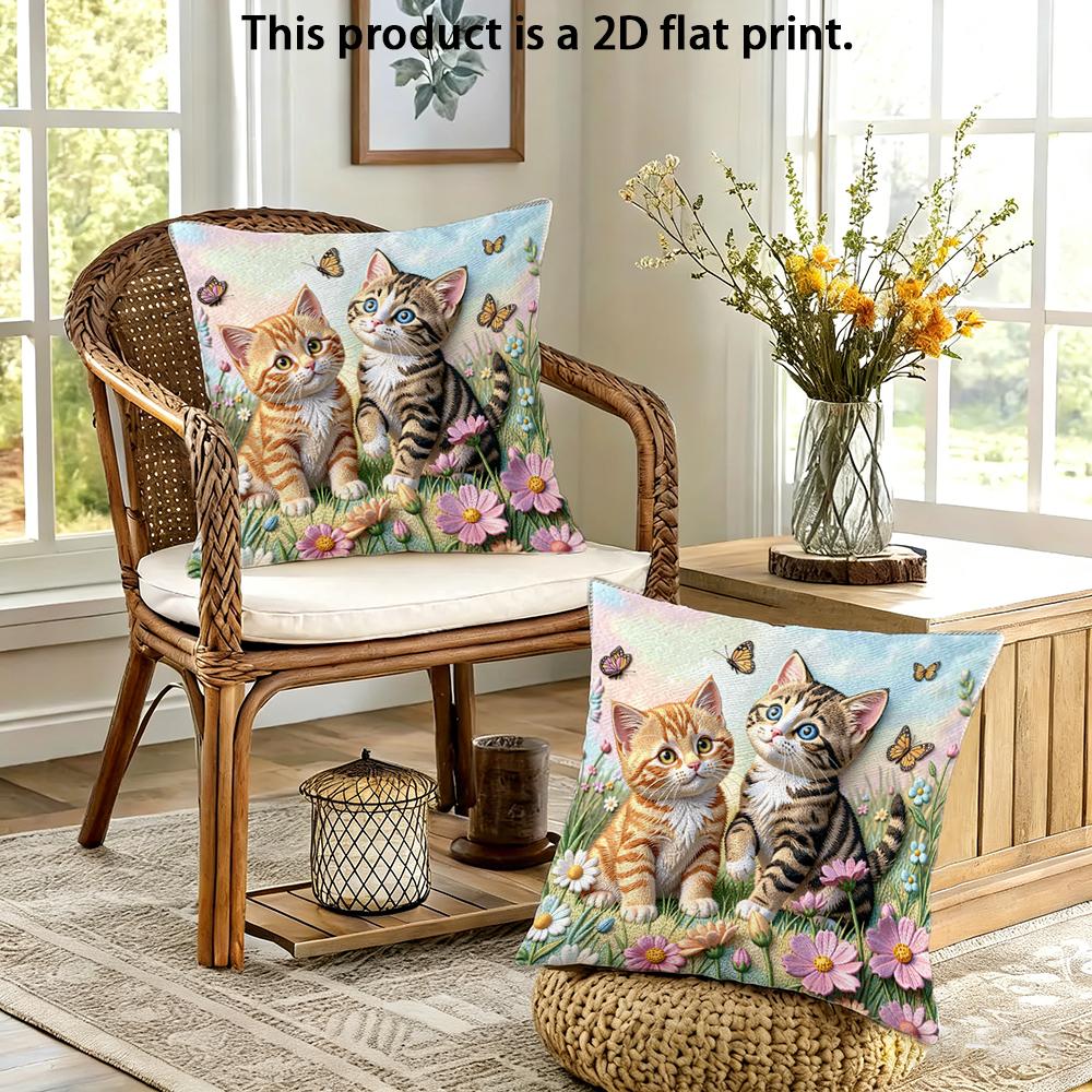 2pcs Cute Kittens Floral Butterfly Throw Pillow Covers Spring Garden Decorative Pillowcases for Sofa Bedroom Cushion Cover