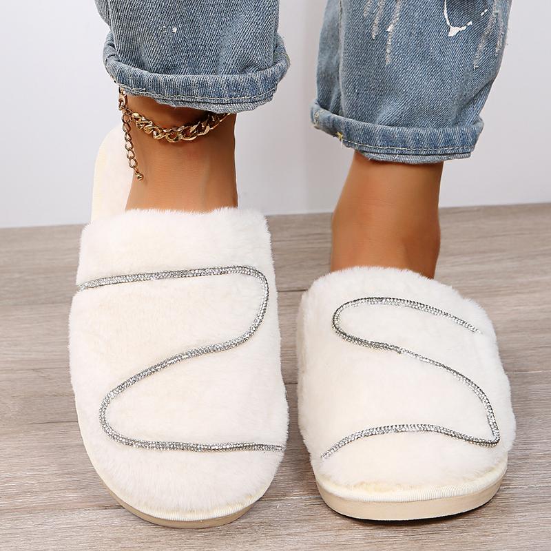 Fashion Bling Crystal Fluffy House Slippers for Women Winter 2025 Indoor Cozy Warm Fur Slippers Woman Flat Non Slip Plush Home Slides