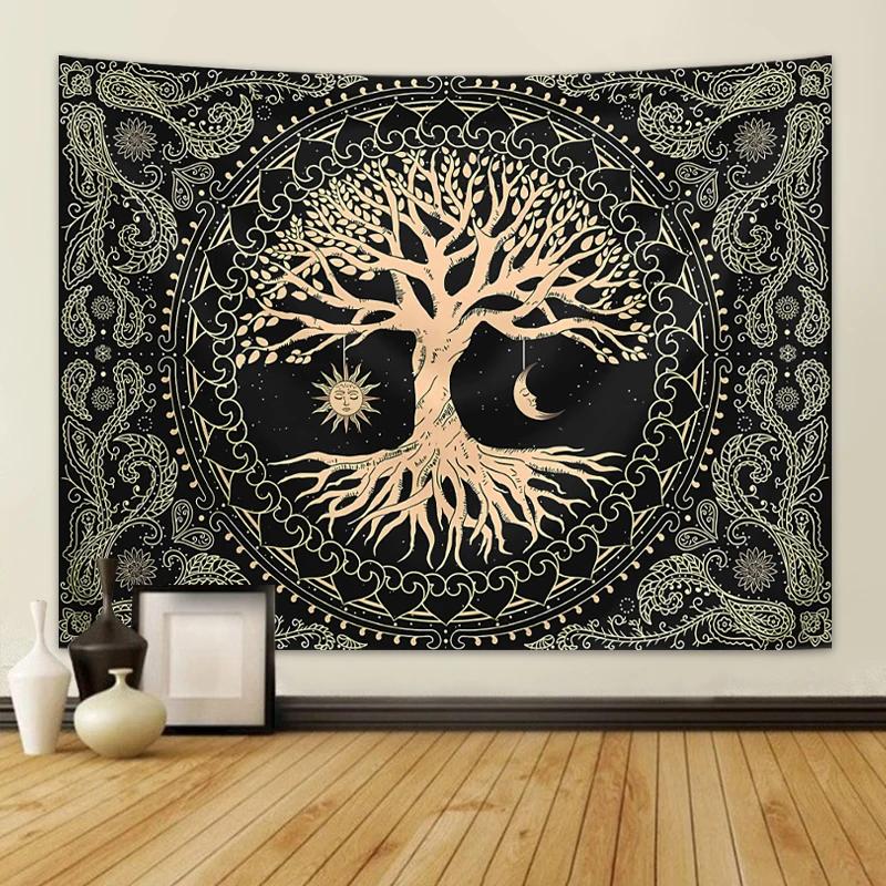 VIKAMA Retro Bohemian Style Tree Of Life Tapestry Mystical Starry Sky Moon Sun Elements Art Tapestry Room Decoration 74x94cm(29x37in)