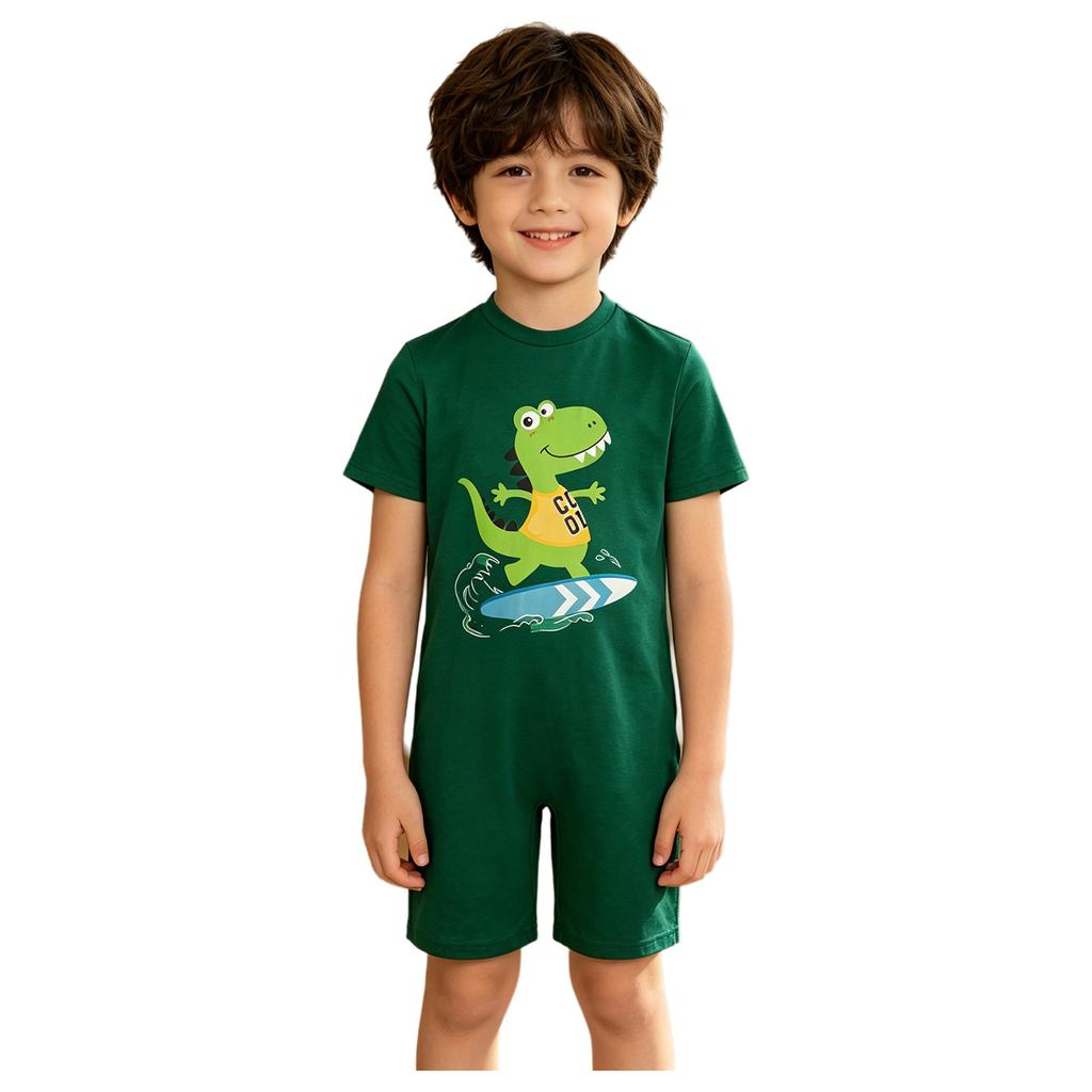 Boys Dinosaur Jumpsuit Short Sleeve Back Invisible Zipper Thigh Length Adaptive Bodysuit Special Needs