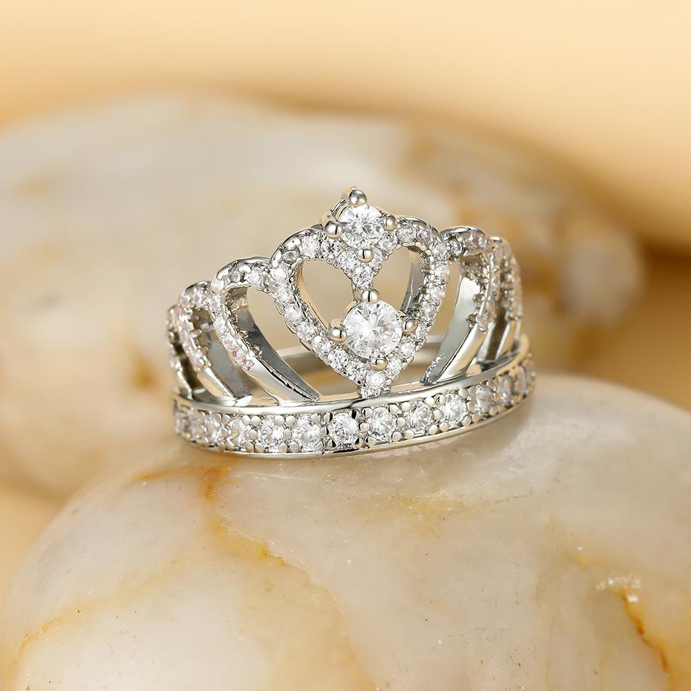 Classic Heart Crown Rings For Women Rose Gold Silver Color Inlay White Zircon Promise Engagement Wedding Bands Mothers Day Gifts