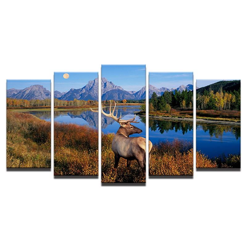 

Картина на холсте, модульная картина, настенное искусство, украшение дома для гостиной, современный тип печати, декор, 5 панелей, животное, олень, YGYT, без рамки 20x35cm*2 20x45cm*2 20x55cm*1