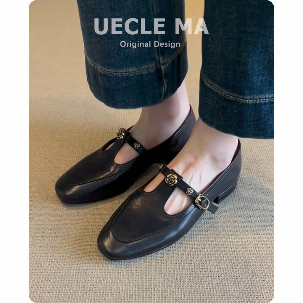 Super soft lambskin~ Retro Mary Jane shoes women's leather square head t-shaped loafers black French flat shoes