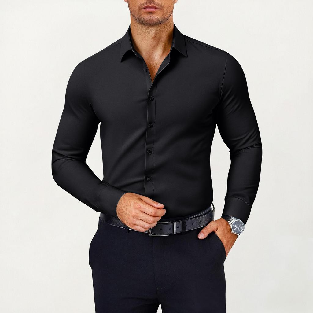 Herren Muscle Fit Hemden Knitterfrei Langarm Freizeit Button-Down Hemden