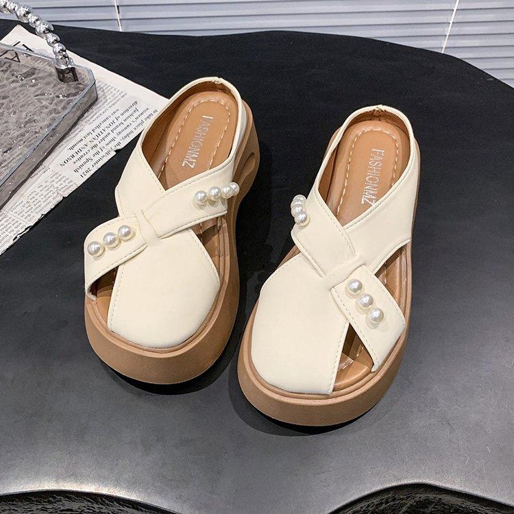 Baotou Half Slippers Women's 2025 New Summer Pearl Fashion Thick Bottom Heightening Design Sense One Pedal Lazy Half Tray