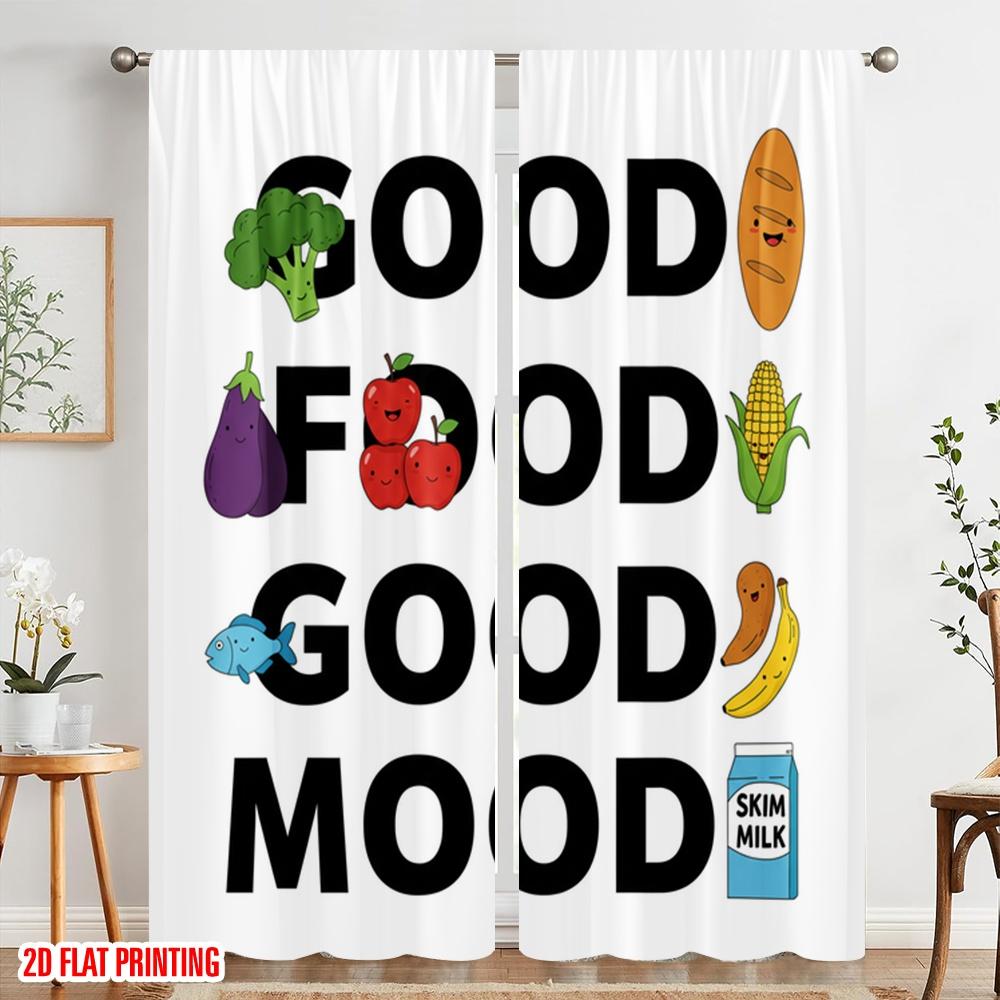 2pcs 2D Flat Printing Curtains Good Food Good Mood Polyester Without Electricity Party Decorations for Indoor Celebrations Room