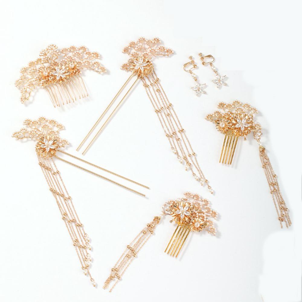 Xiuhe Jewelry Bride Accessories Earrings Set Pearl Chinese Hair Stick Headdress Hairpin Hair Comb