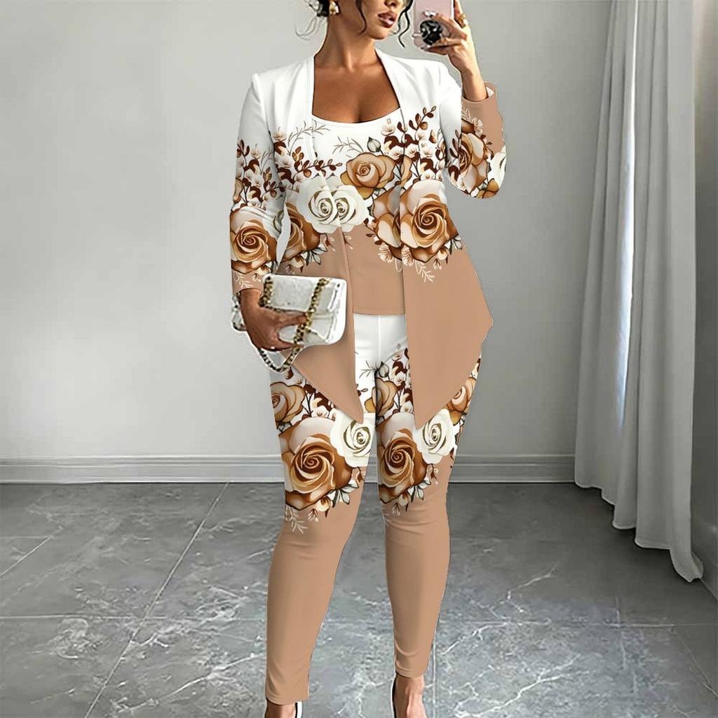 Plus Size Floral Print 3 Piece Outfit, Long Sleeve Open Front Cardigan Cami Top Leggings Set for Women