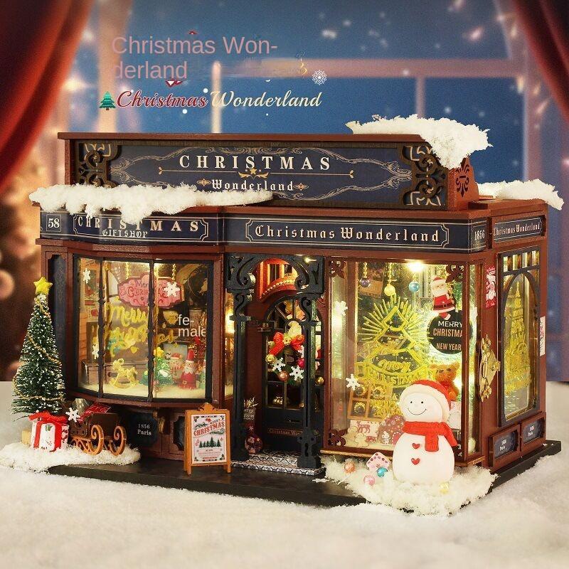 Jiate DIY Miniature House Christmas Wonderland Handmade Villa Model Ornament DIY Craft Kit Christmas Gift for Men Women