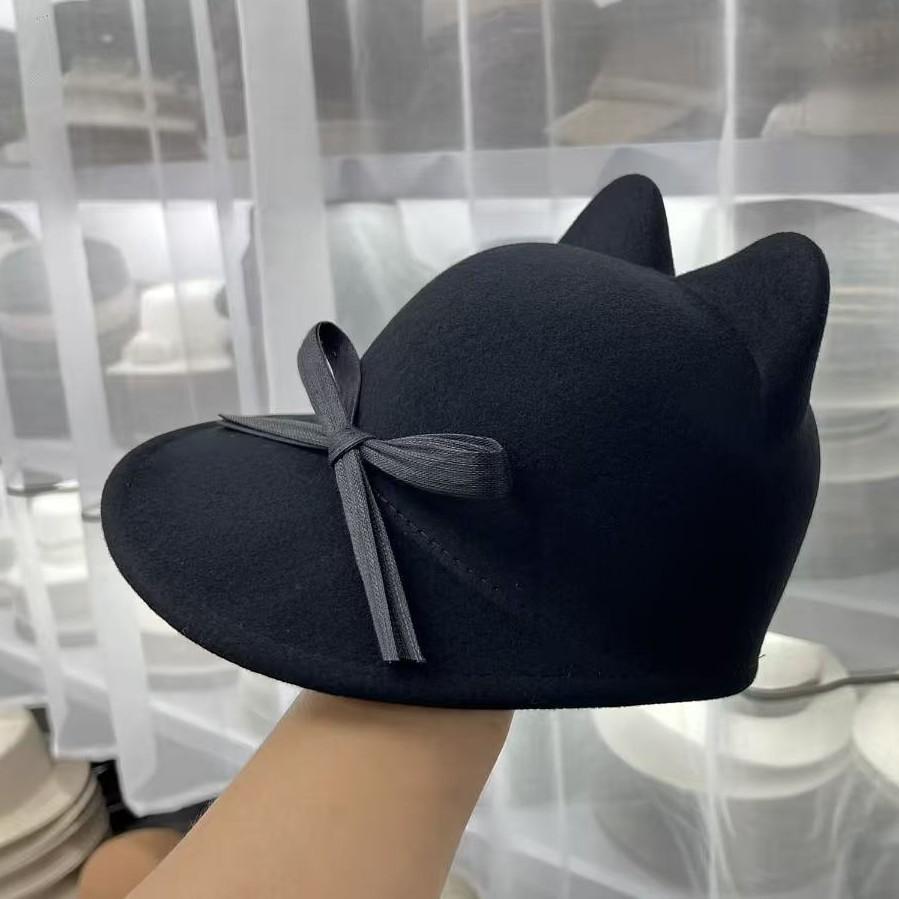 

High quality silk hemp bow cute cat ears fashion wool cap children s winter temperament top hat adjustable (55-58cm) чёрный