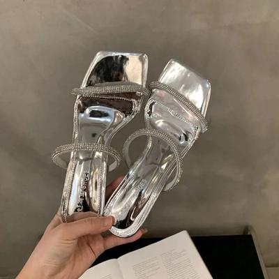 Women High Heels Crystal Rhinestone One Line Slippers Summer Fashion Sexy Party Ladies Shoes Open Toe Slip On Slippers Silver