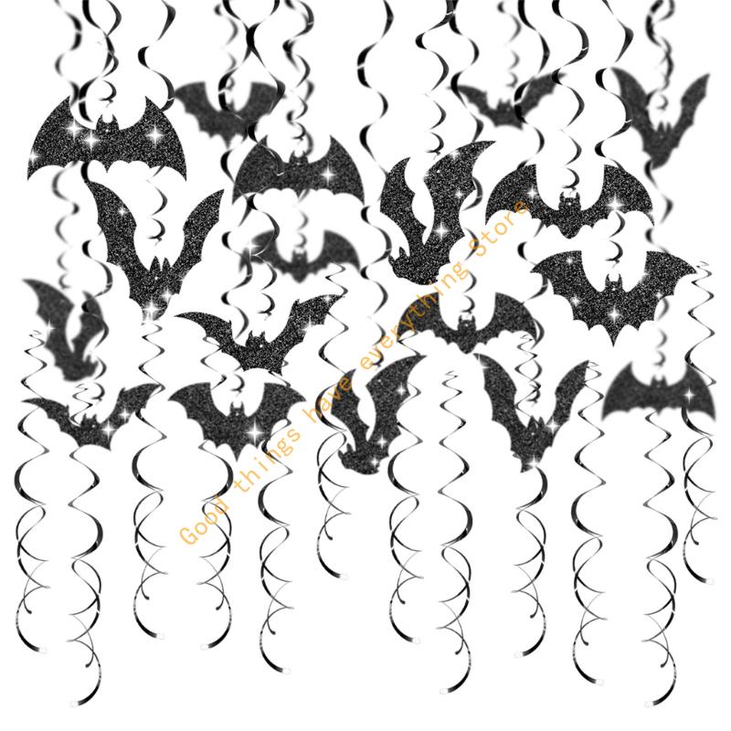 55KF Set of 30 Glittered Bats Swirls Hanging Ornament for Birthday Festival Parties