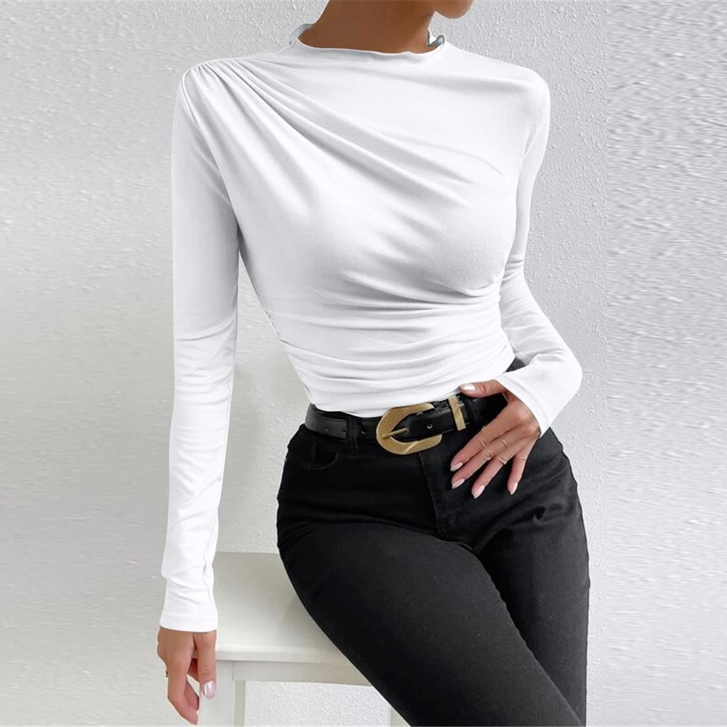 Women's Fashion Slim Versatile Pleated Solid Color Long Sleeve  Bottom  Down Shirt Sweatshirt Top