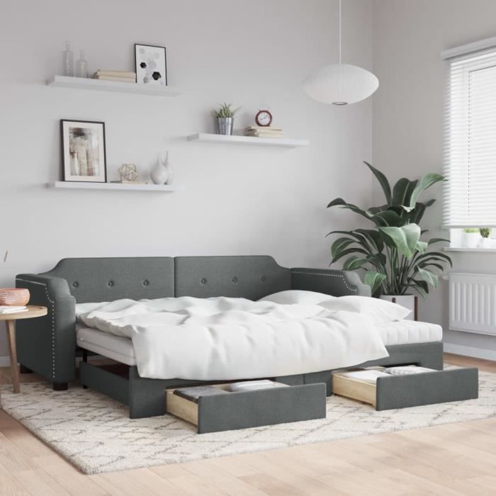 VidaXL Lit de jour avec gigogne et tiroirs gris foncé 90x200 cm tissu 3197689