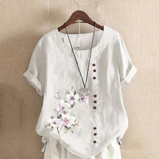 Frauen Shirt Kurzarm Rundhals Knöpfe Dekor Lose Atmungsaktive Streetwear