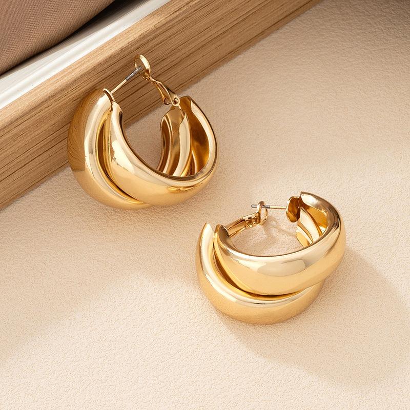 Elegant Double Layer Gold Chunky Hoop Earrings for Women Fashion Exaggerated Smooth C-Shaped Drop Earring Statement Jewelry Gift