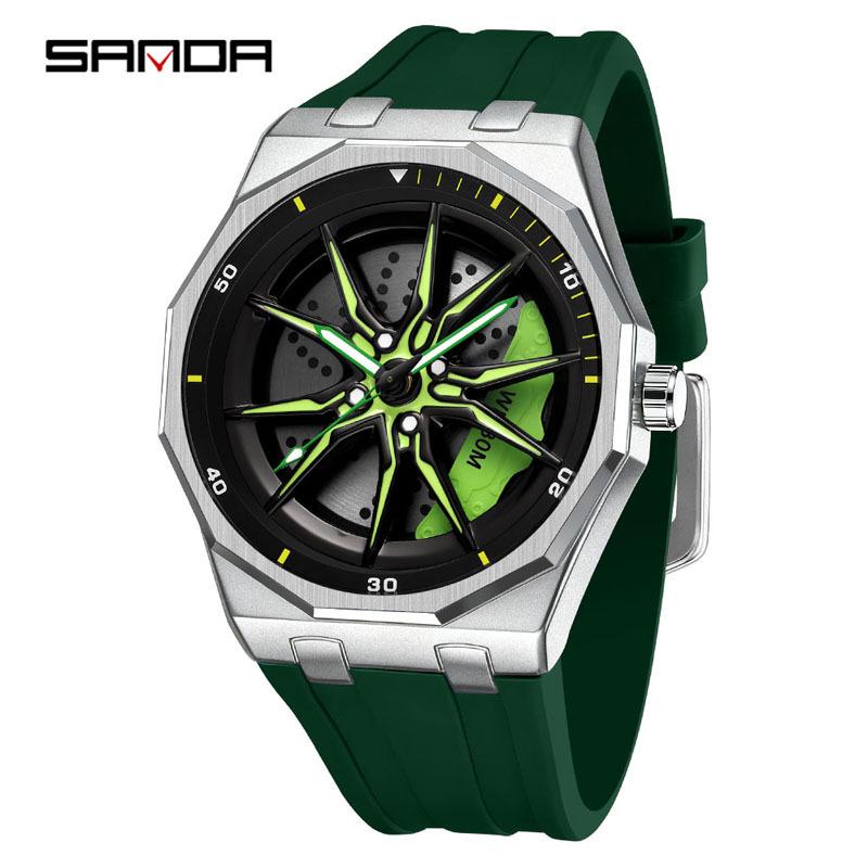 Sanda Brand Men's 360° Rotating Wheel Hubcap Design Quartz Watch Fashion Sports Silicone Waterproof For Daily Wear Hollow Watch