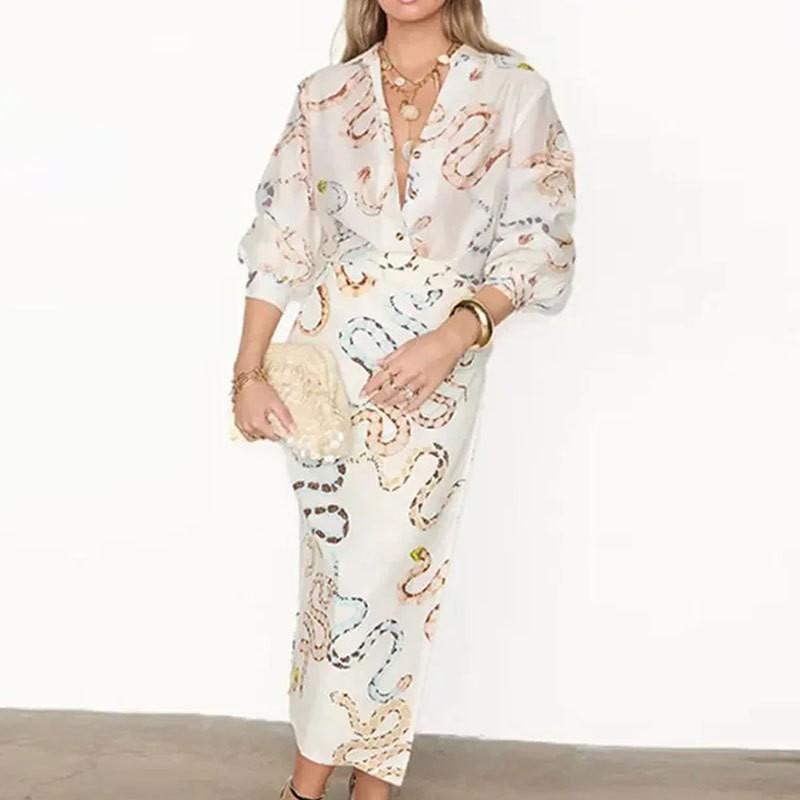 

Dress Women s Fashion Suit Elegant Printed Long-sleeved Shirt Split Skirt Set M